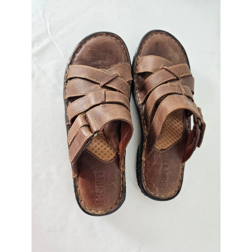 Rustic Born Leather Slide Sandals Mens 8 Brown Fisherman Woven Straps B91416